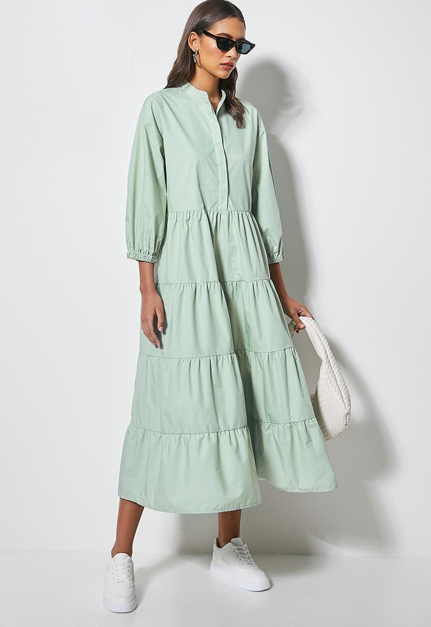 Superbalist - Poplin mandarin collar tiered dress - sage