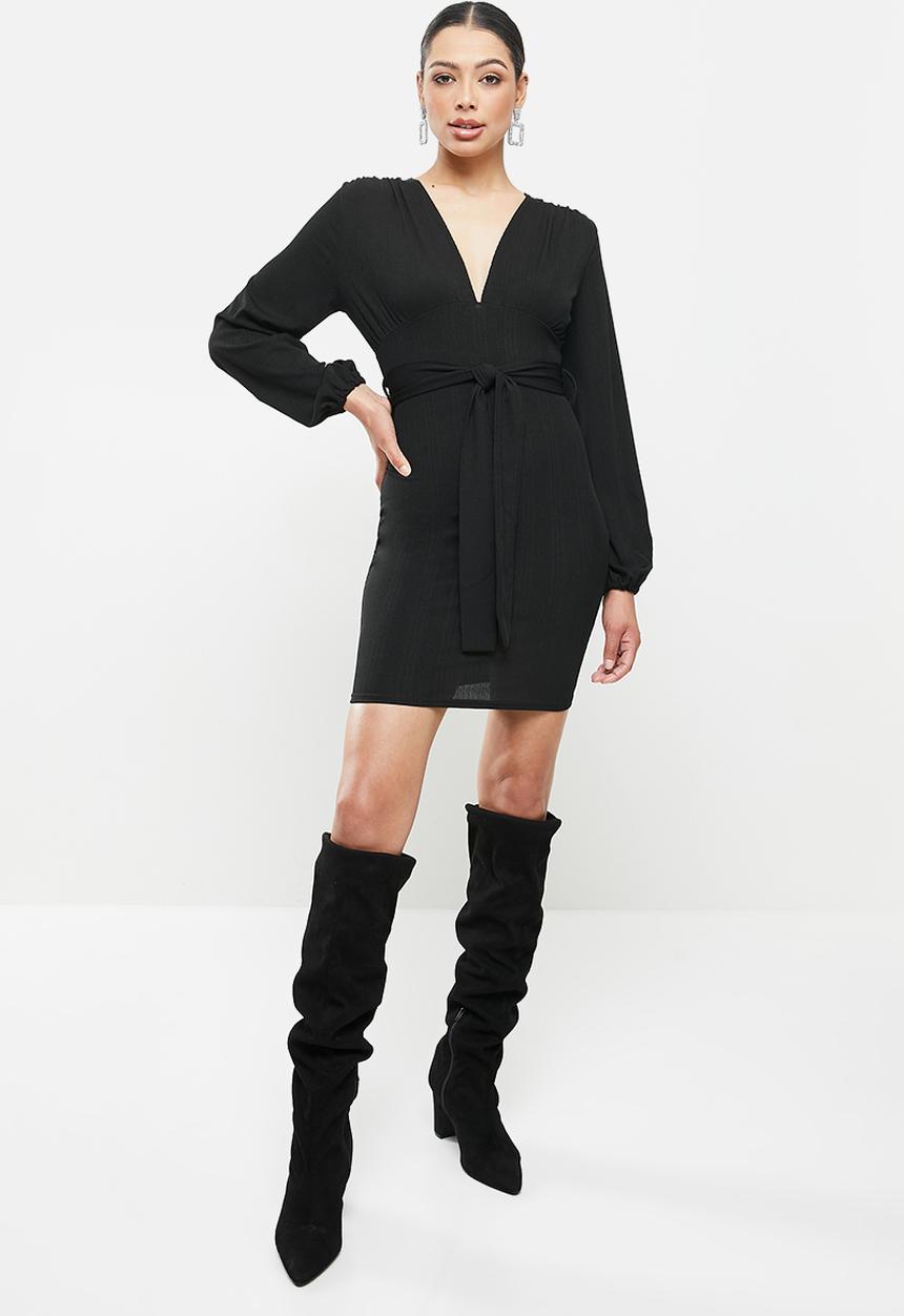 Missguided - Slinky tie belt plunge mini dress - black