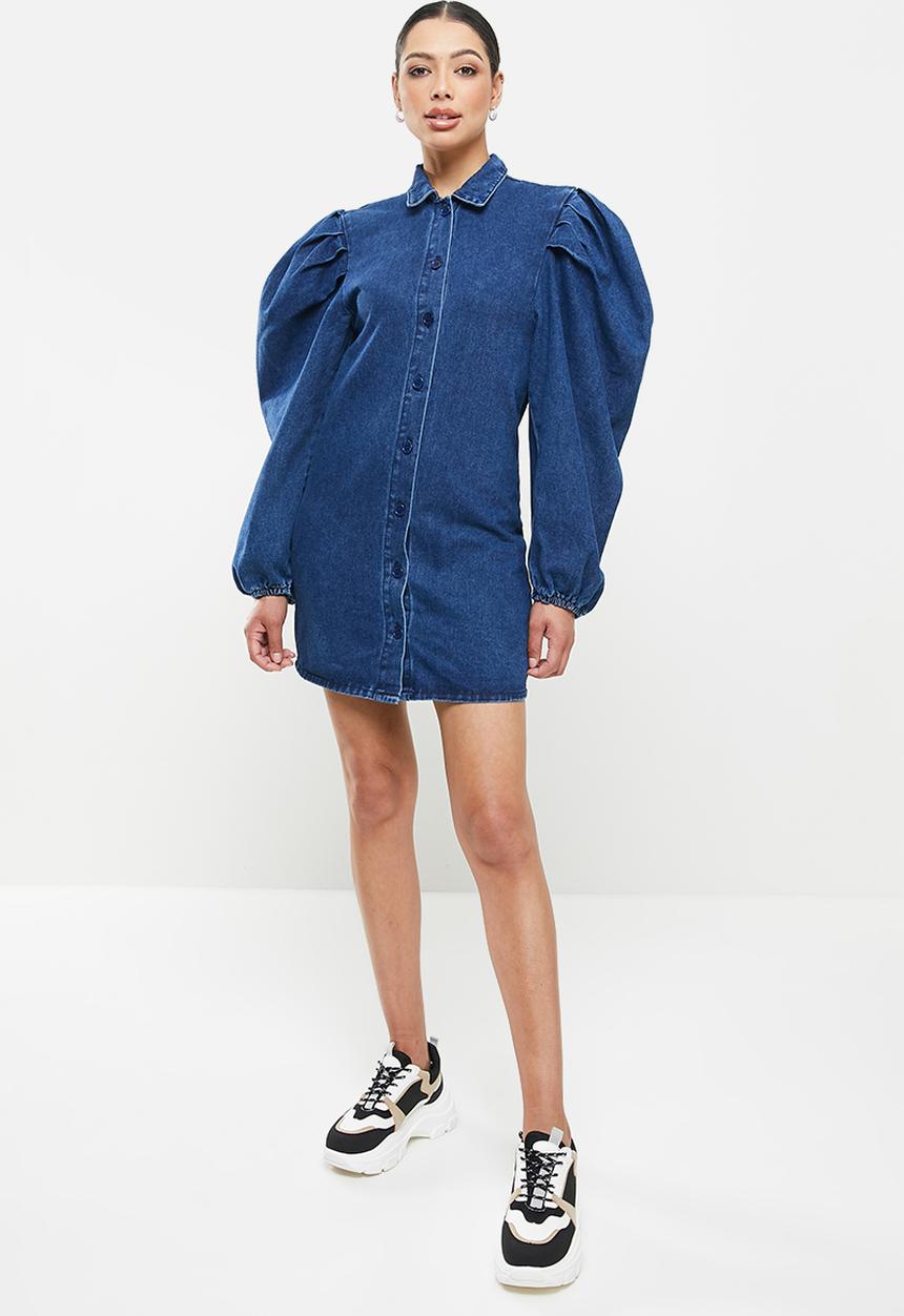 Missguided - Long sleeve puff sleeve shirt dress - blue