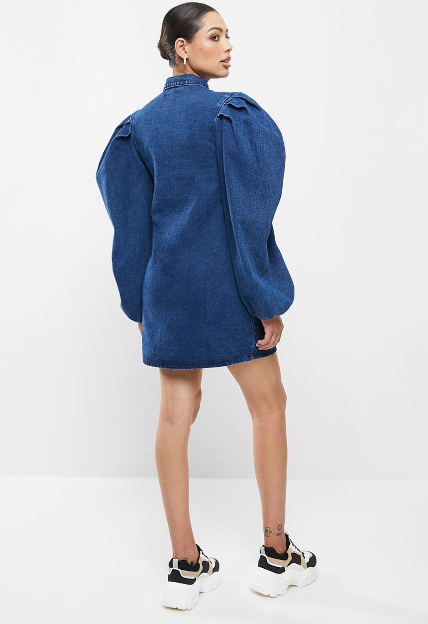 Missguided - Long sleeve puff sleeve shirt dress - blue