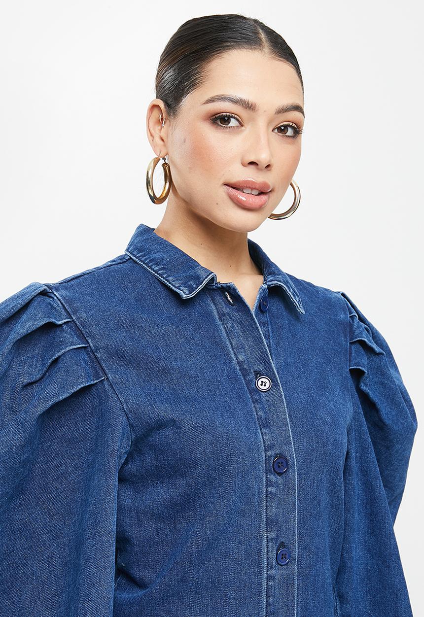 Missguided - Long sleeve puff sleeve shirt dress - blue