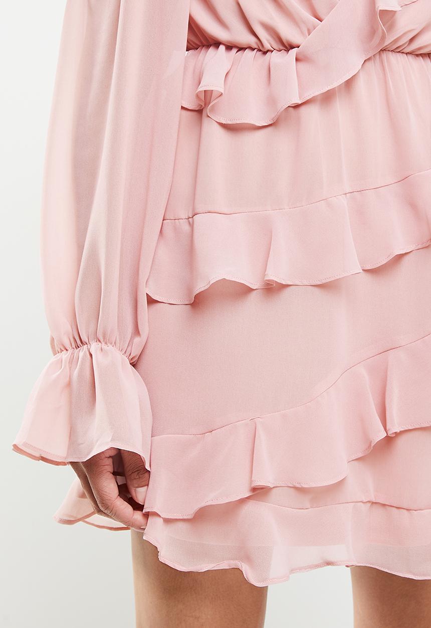Missguided - Ruffle front wrap dress long sleeve - pink