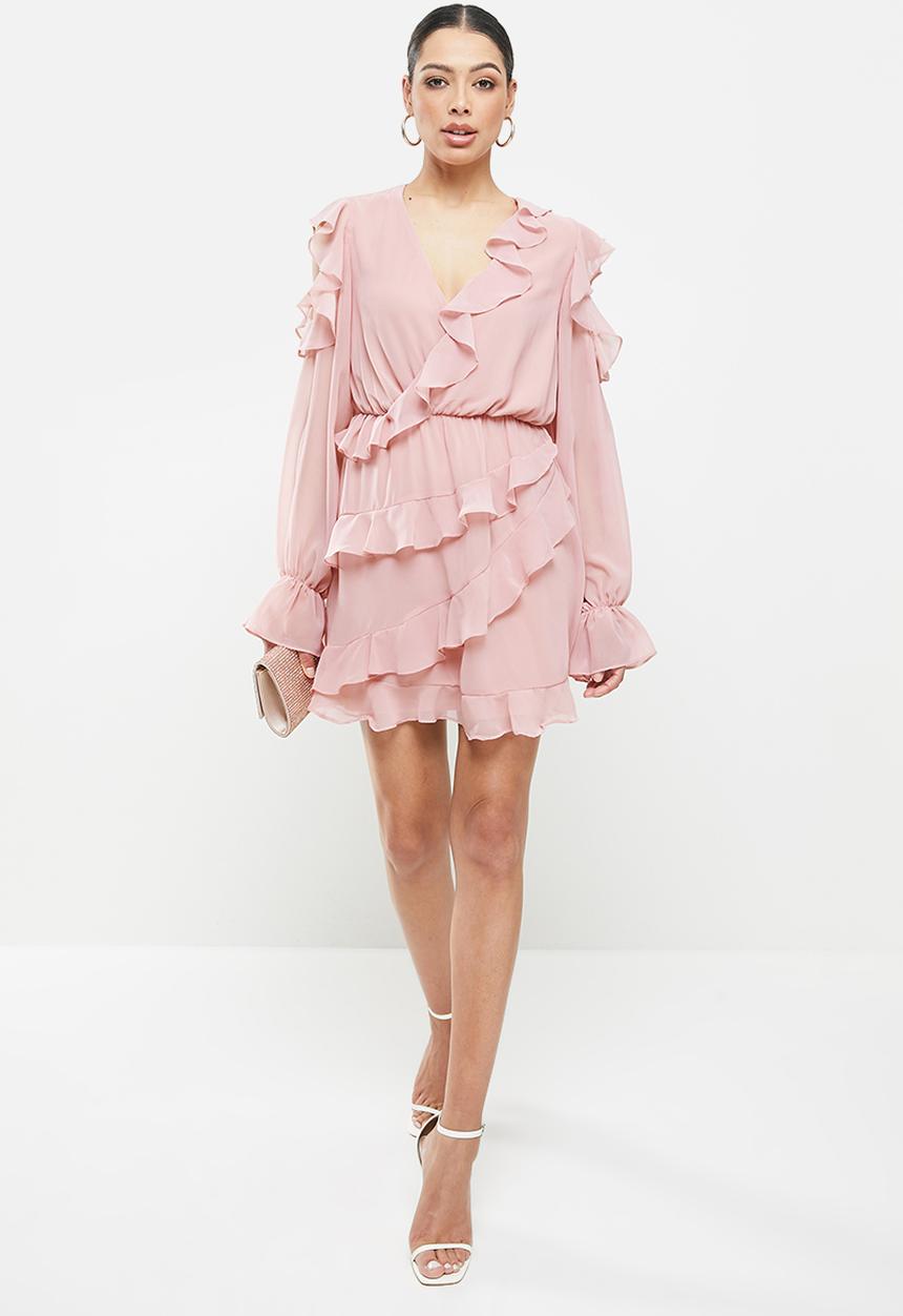 Missguided - Ruffle front wrap dress long sleeve - pink