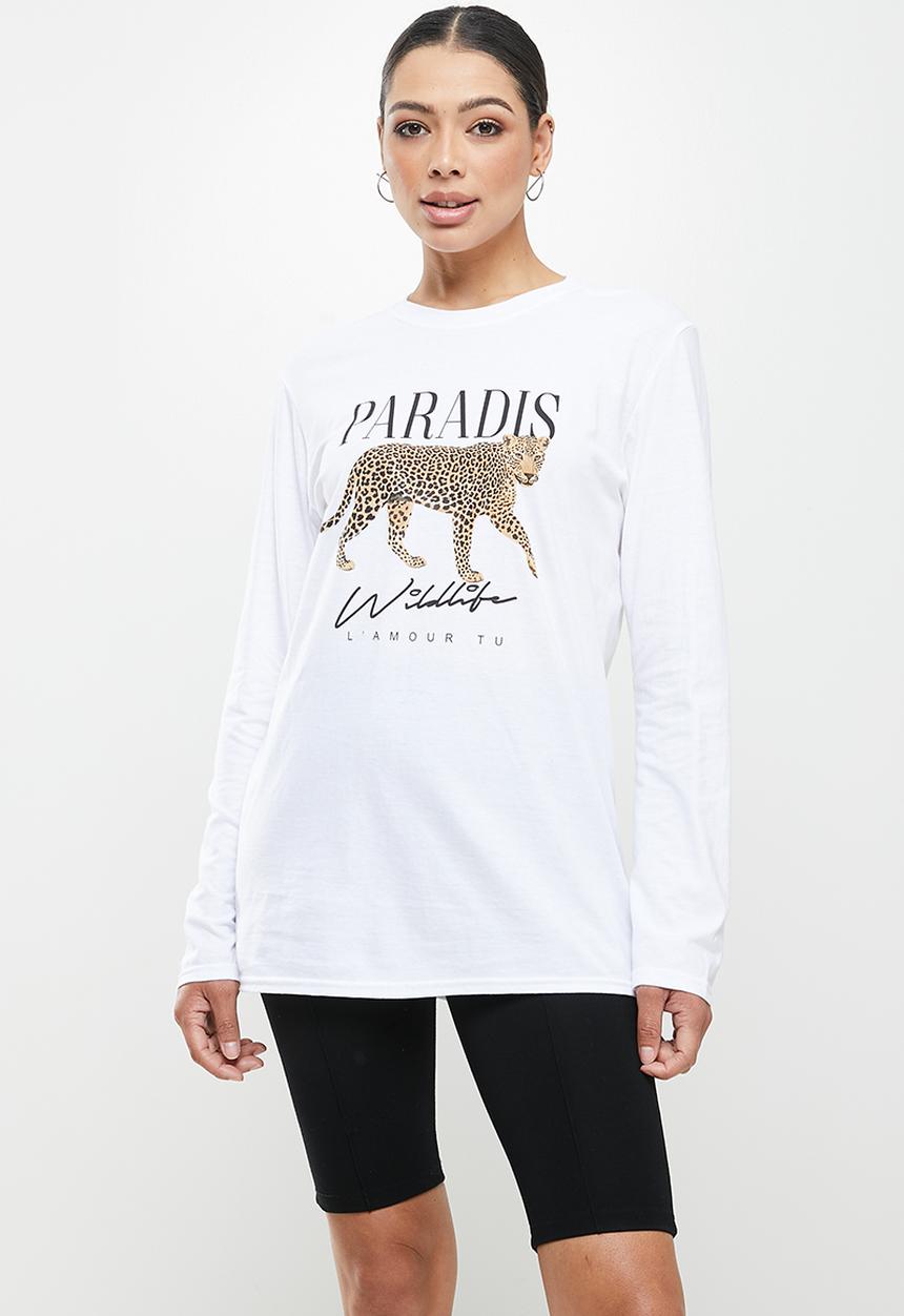 Missguided - Paradise leopard graphic long sleeve tee - white