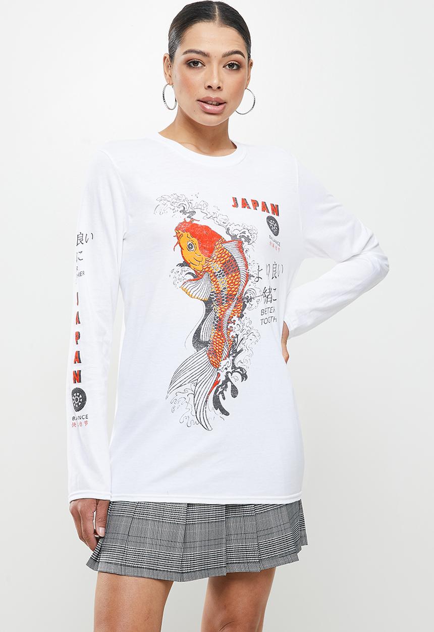 Missguided - Koi fish garphic long sleeve tee - white