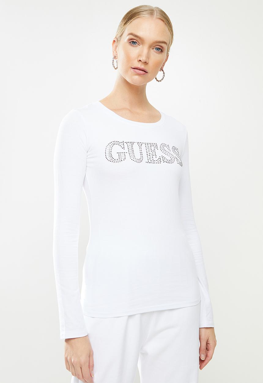GUESS - Long sleeve contrast bling logo r3 tee - white