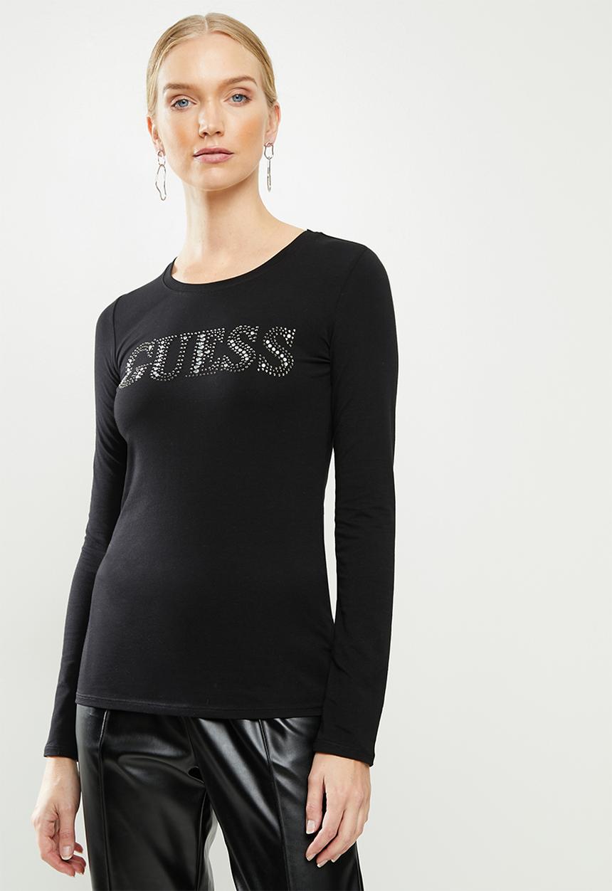 GUESS - Long sleeve contrast bling logo r3 tee - black