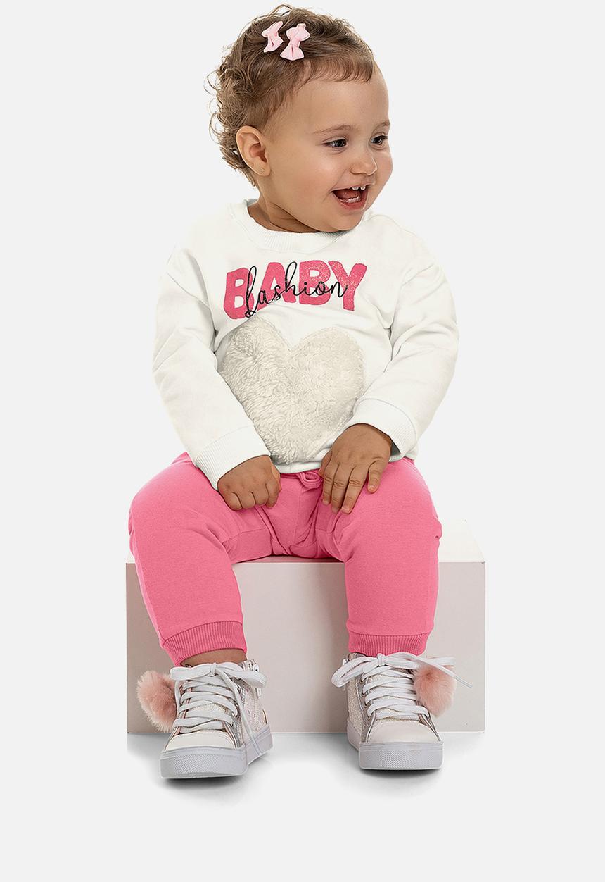 Quimby - Baby girls elastane sweatshirt & pants set - off white & pink