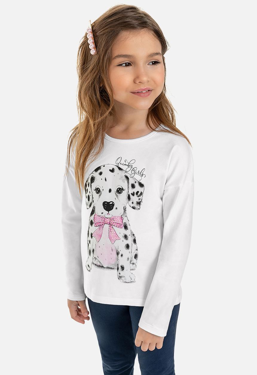 Quimby - Girls long sleeve puppy tee - white