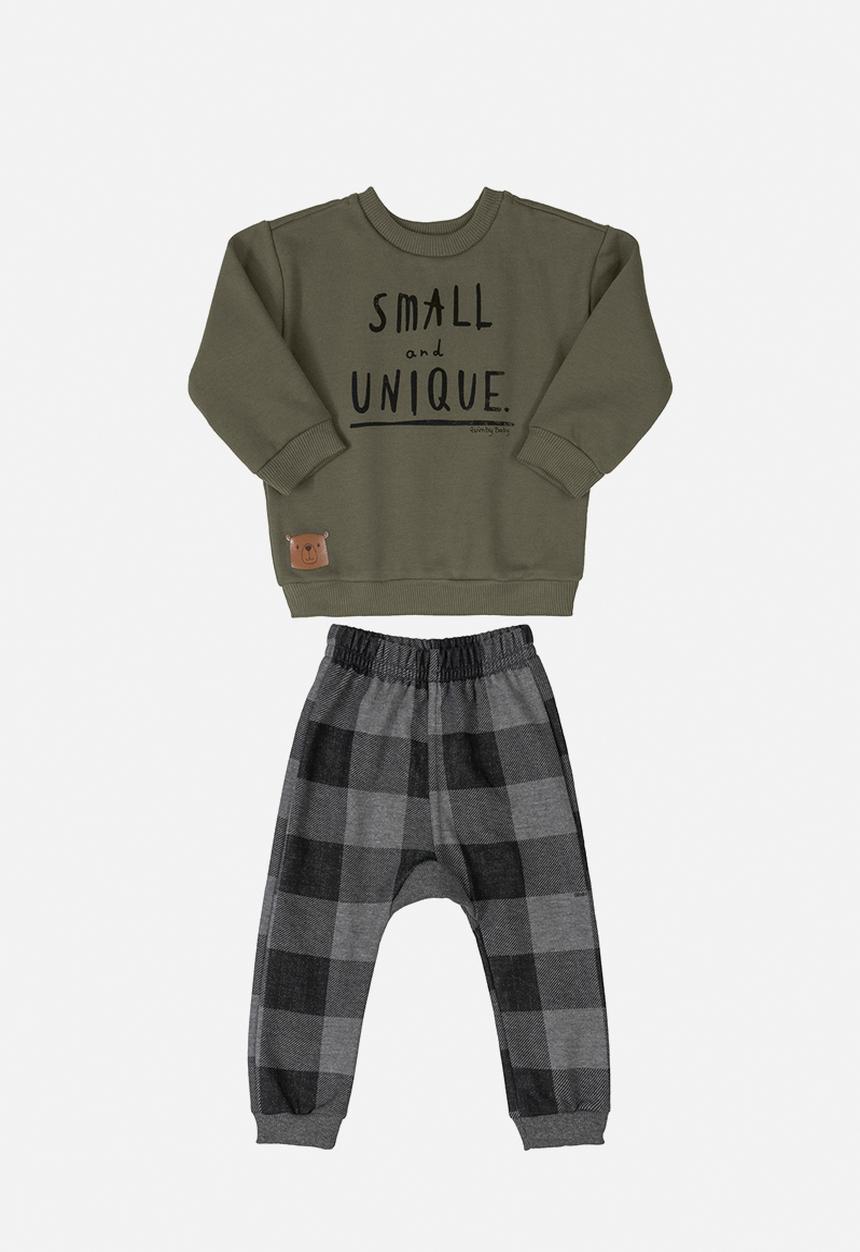 Quimby - Boys tee & check sweatpants set - green & grey