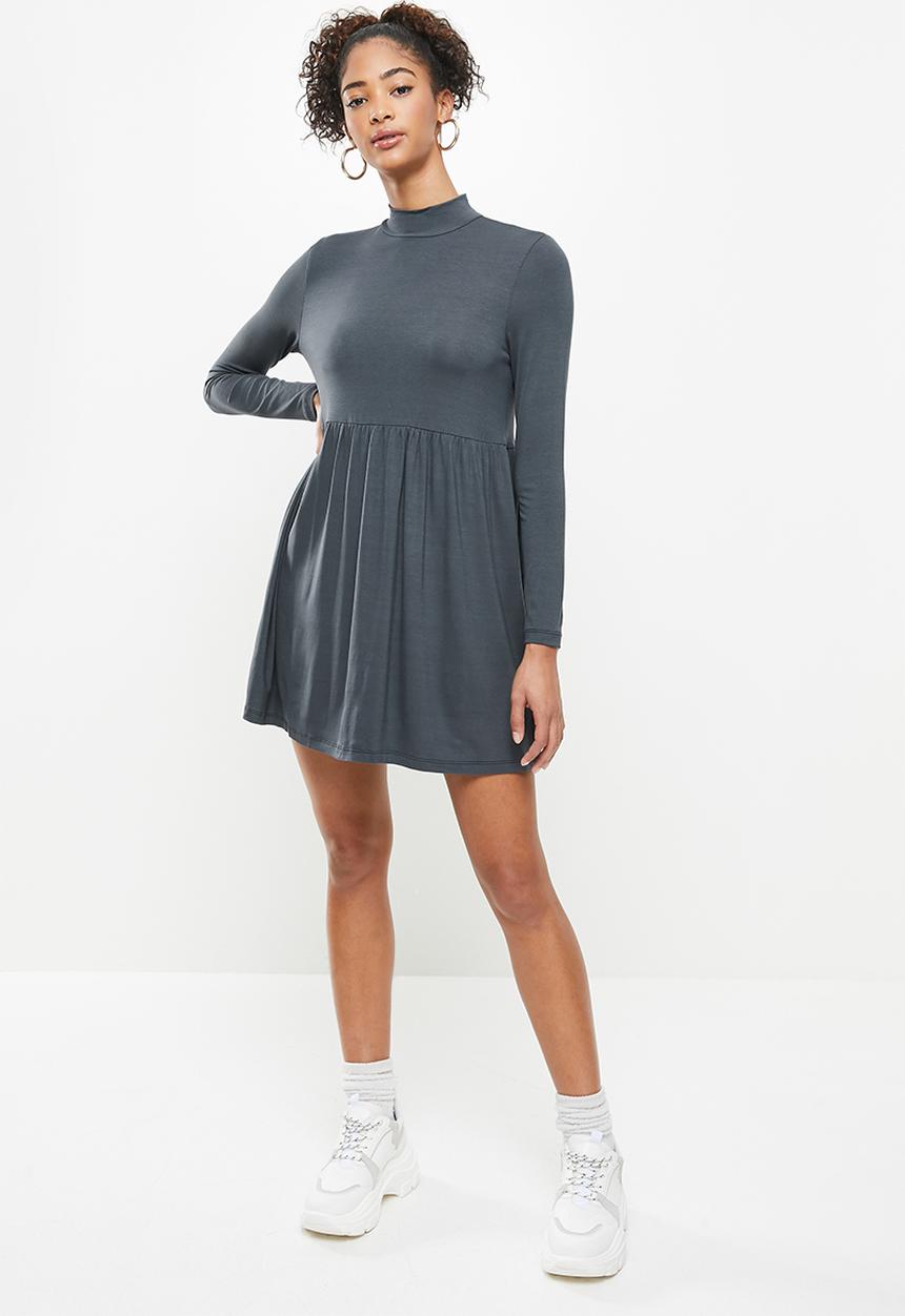 Blake - Long sleeve babydoll mini dress with turtleneck-flat charcoal