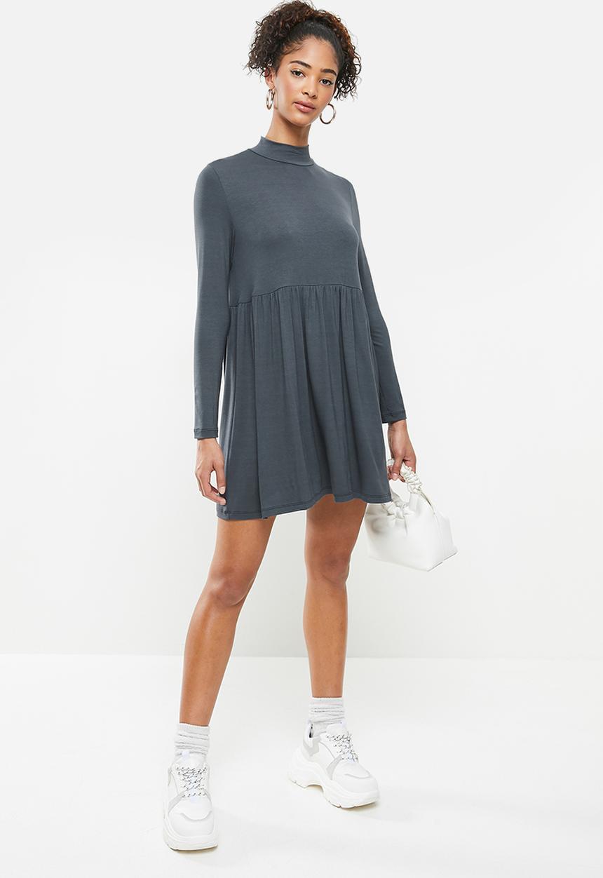 Blake - Long sleeve babydoll mini dress with turtleneck-flat charcoal