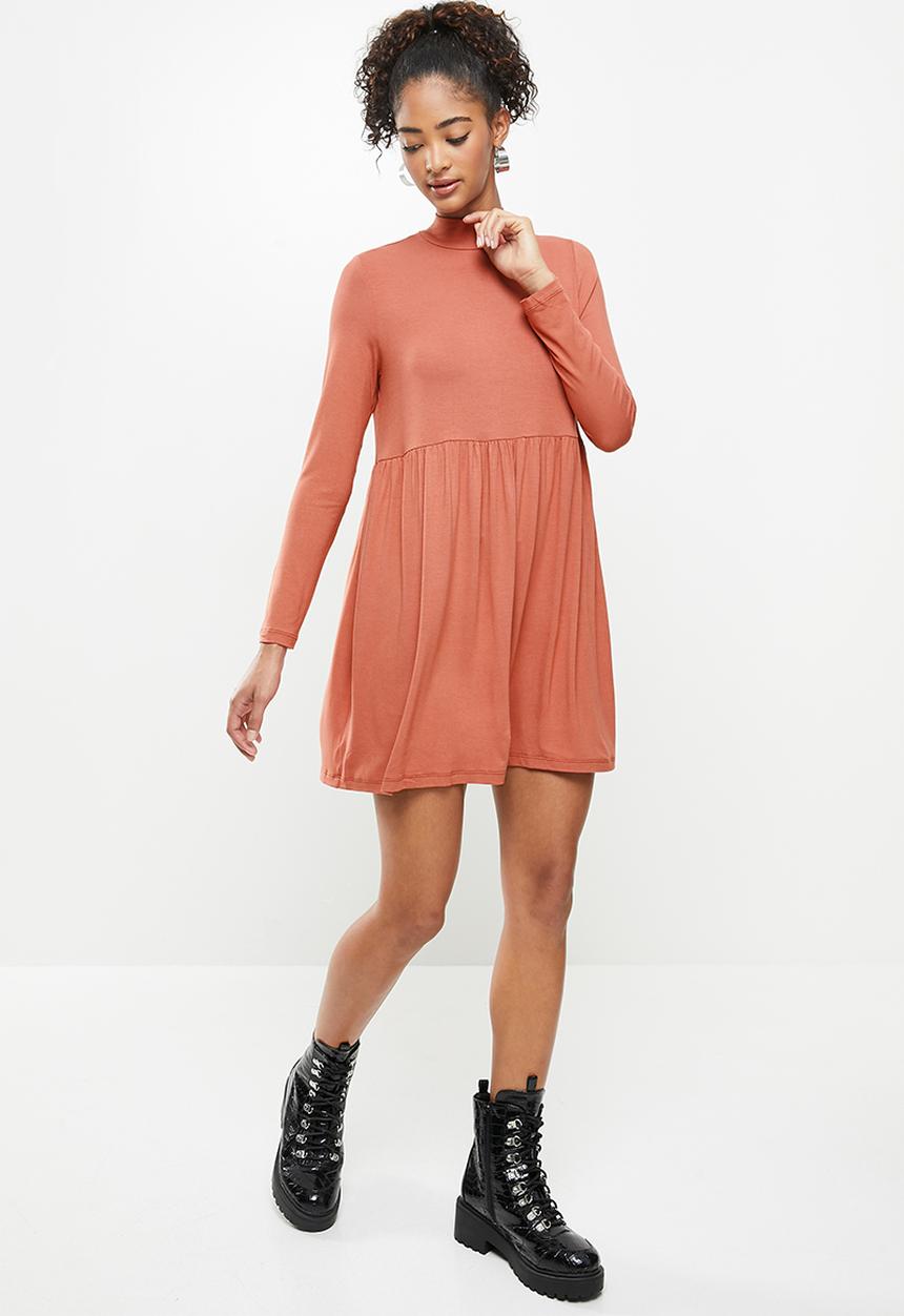 Blake - Long sleeve babydoll mini dress with turtleneck- clay