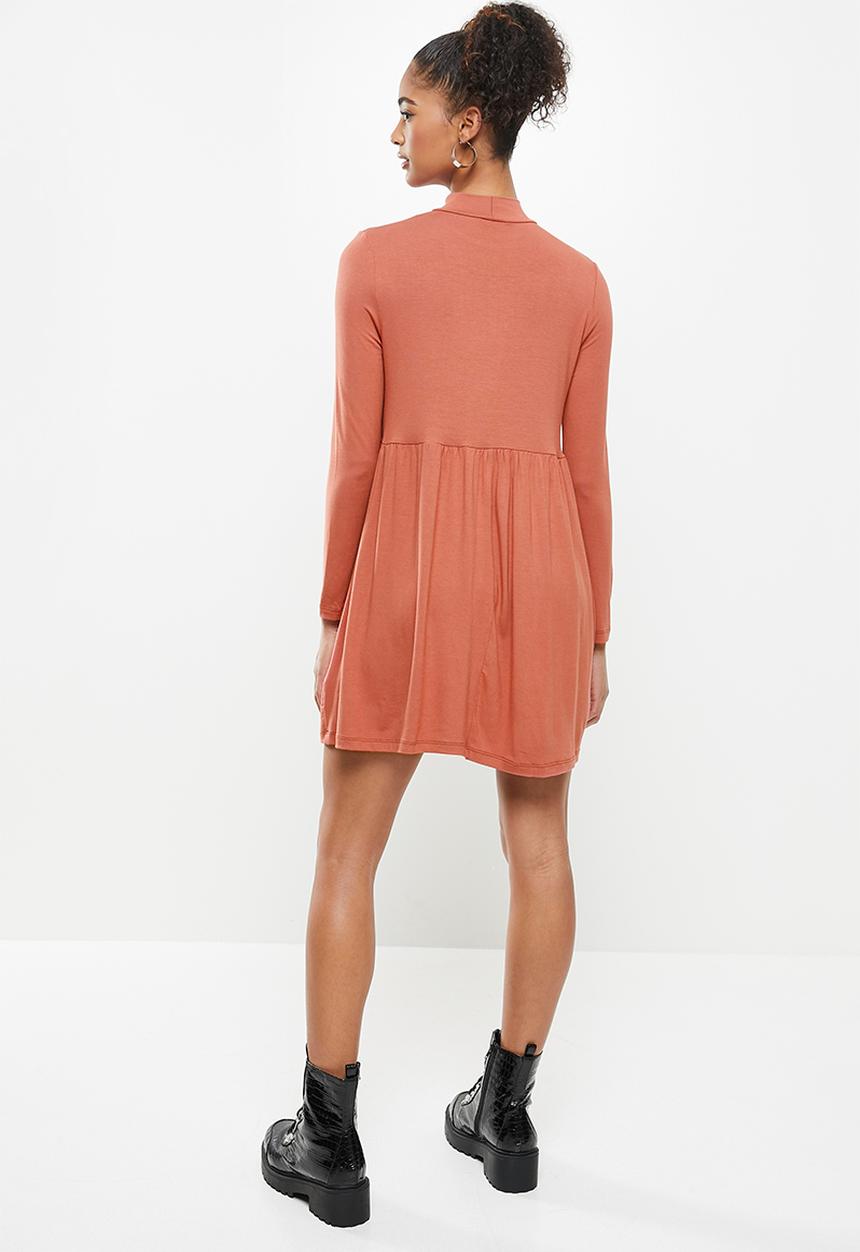 Blake - Long sleeve babydoll mini dress with turtleneck- clay