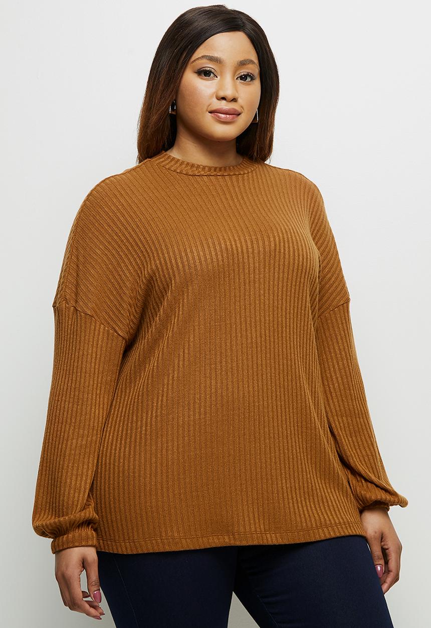 edit Plus - Long sleeve high neck balloon drop shoulder top - tobacco