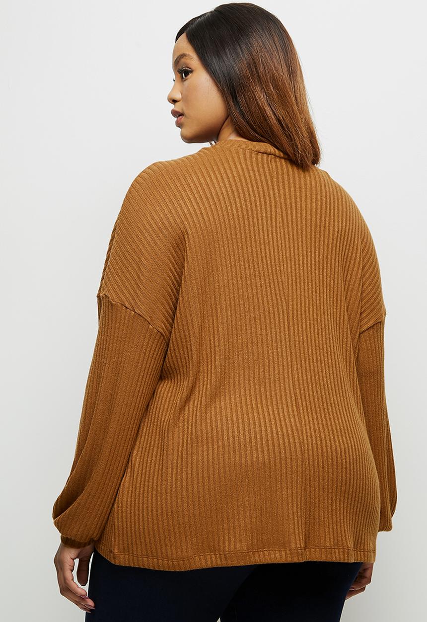 edit Plus - Long sleeve high neck balloon drop shoulder top - tobacco