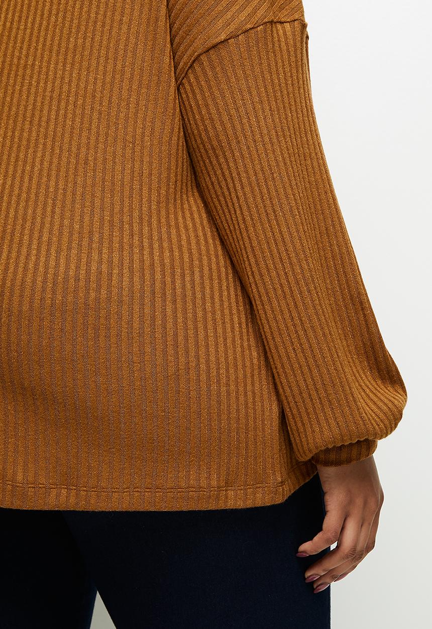 edit Plus - Long sleeve high neck balloon drop shoulder top - tobacco