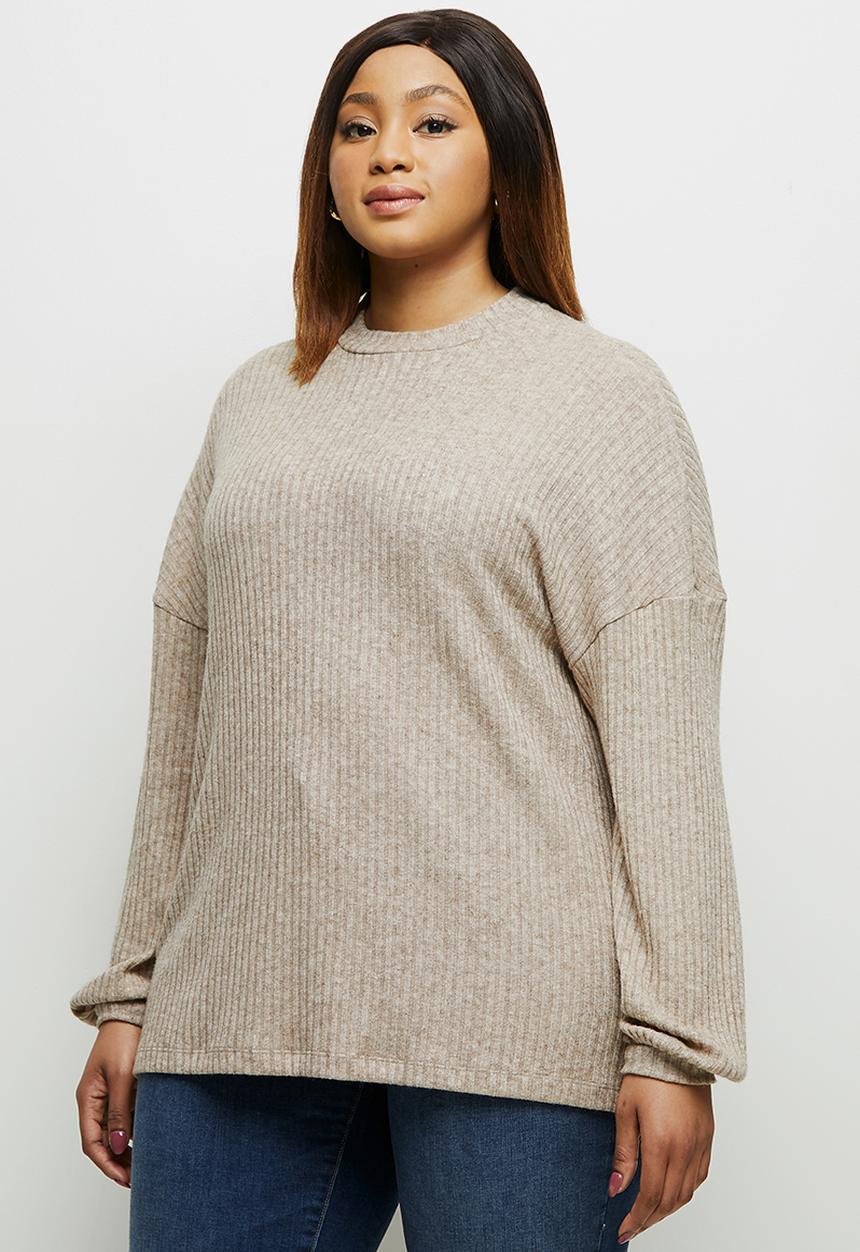 edit Plus - Long sleeve high neck balloon drop shoulder top - taupe
