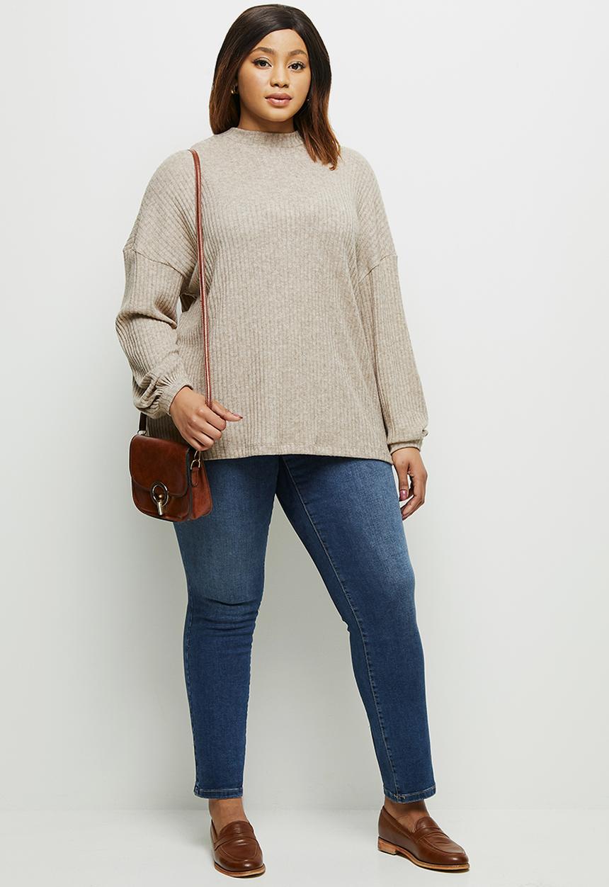 edit Plus - Long sleeve high neck balloon drop shoulder top - taupe