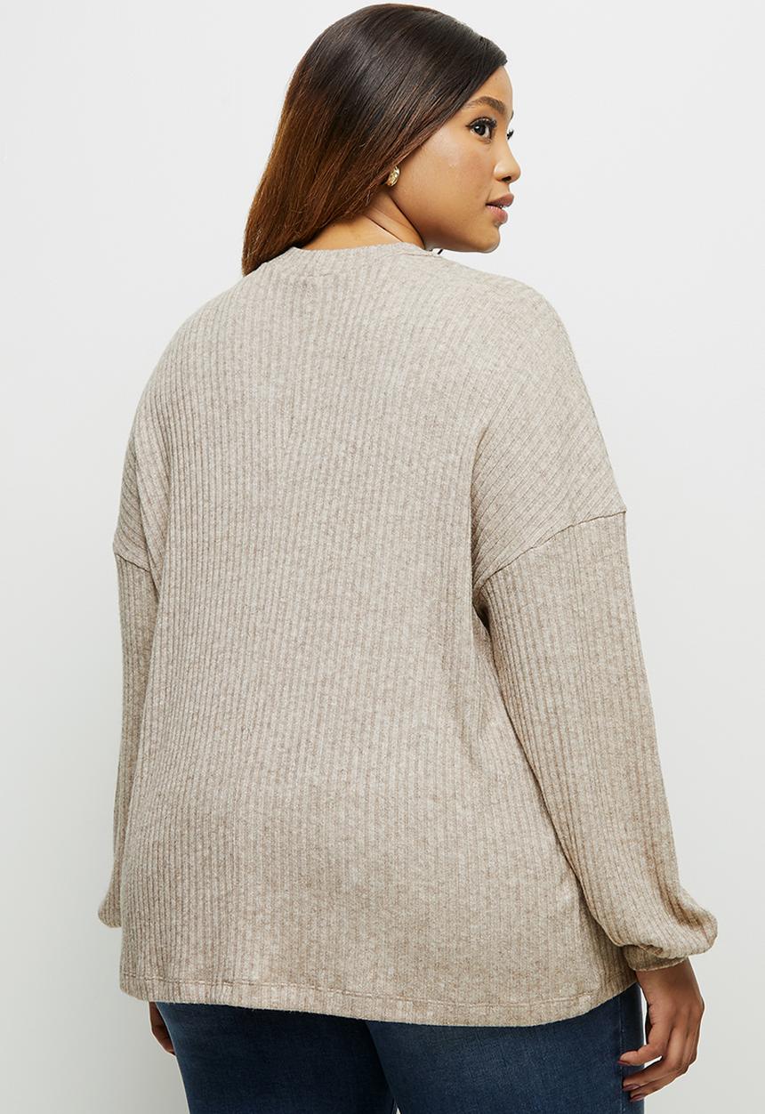 edit Plus - Long sleeve high neck balloon drop shoulder top - taupe