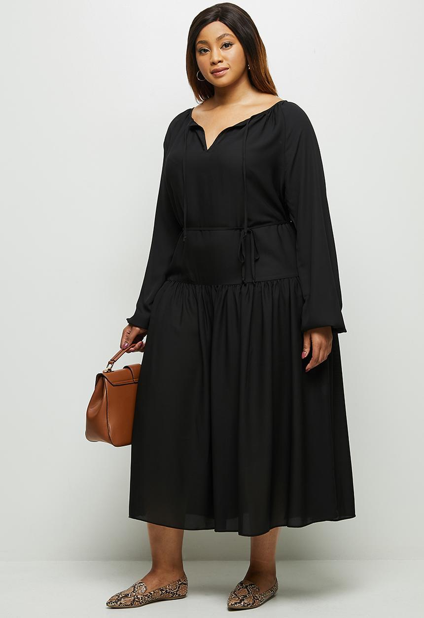 edit Plus - Belted dropped waist midi - black
