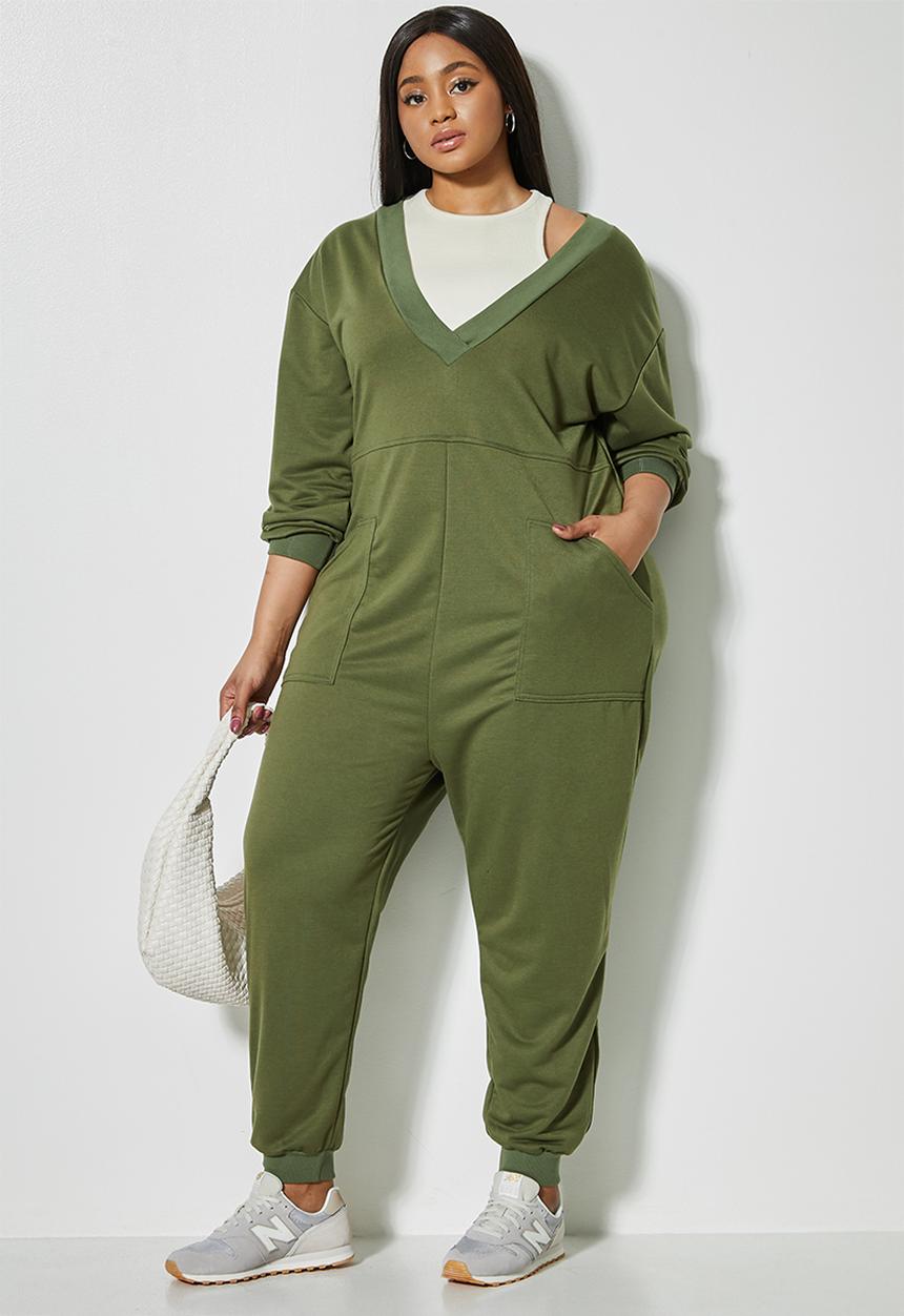 Superbalist - Long sleeve fleece easy fit jumpsuit - khaki