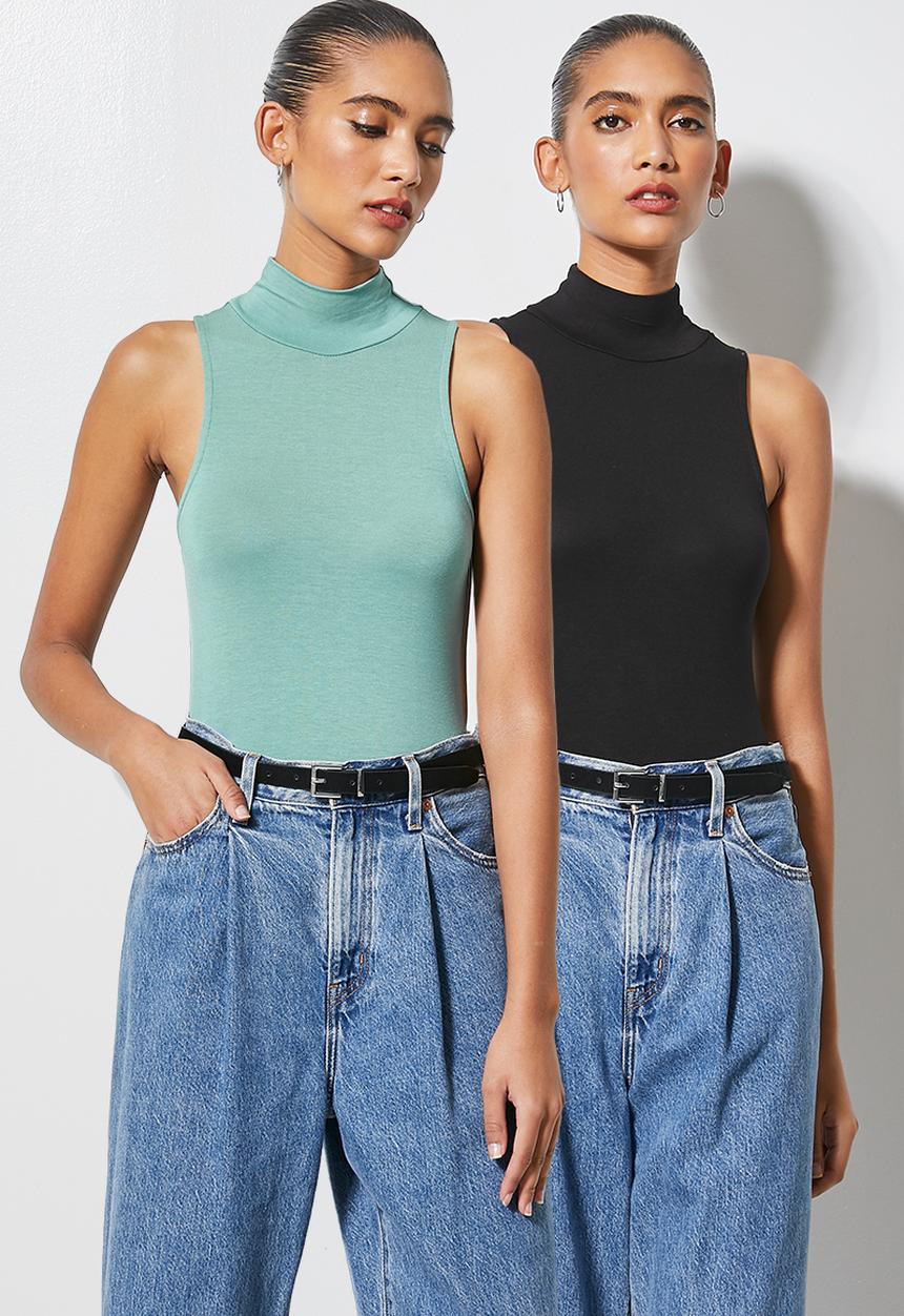 Superbalist - 2 Pack viscose polo neck bodysuit - sage and black