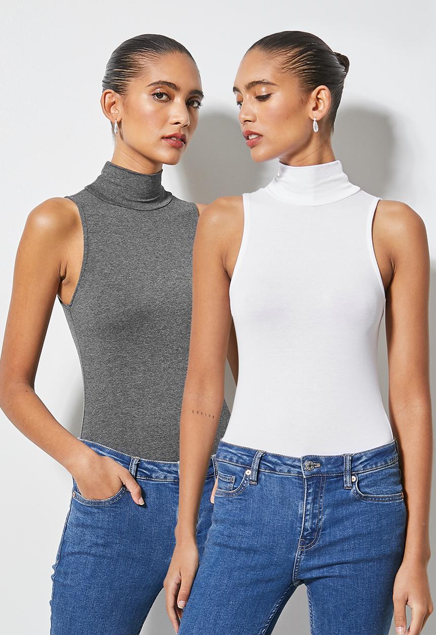 Superbalist - 2pk poloneck sleeveless bodysuit - charcoal & white