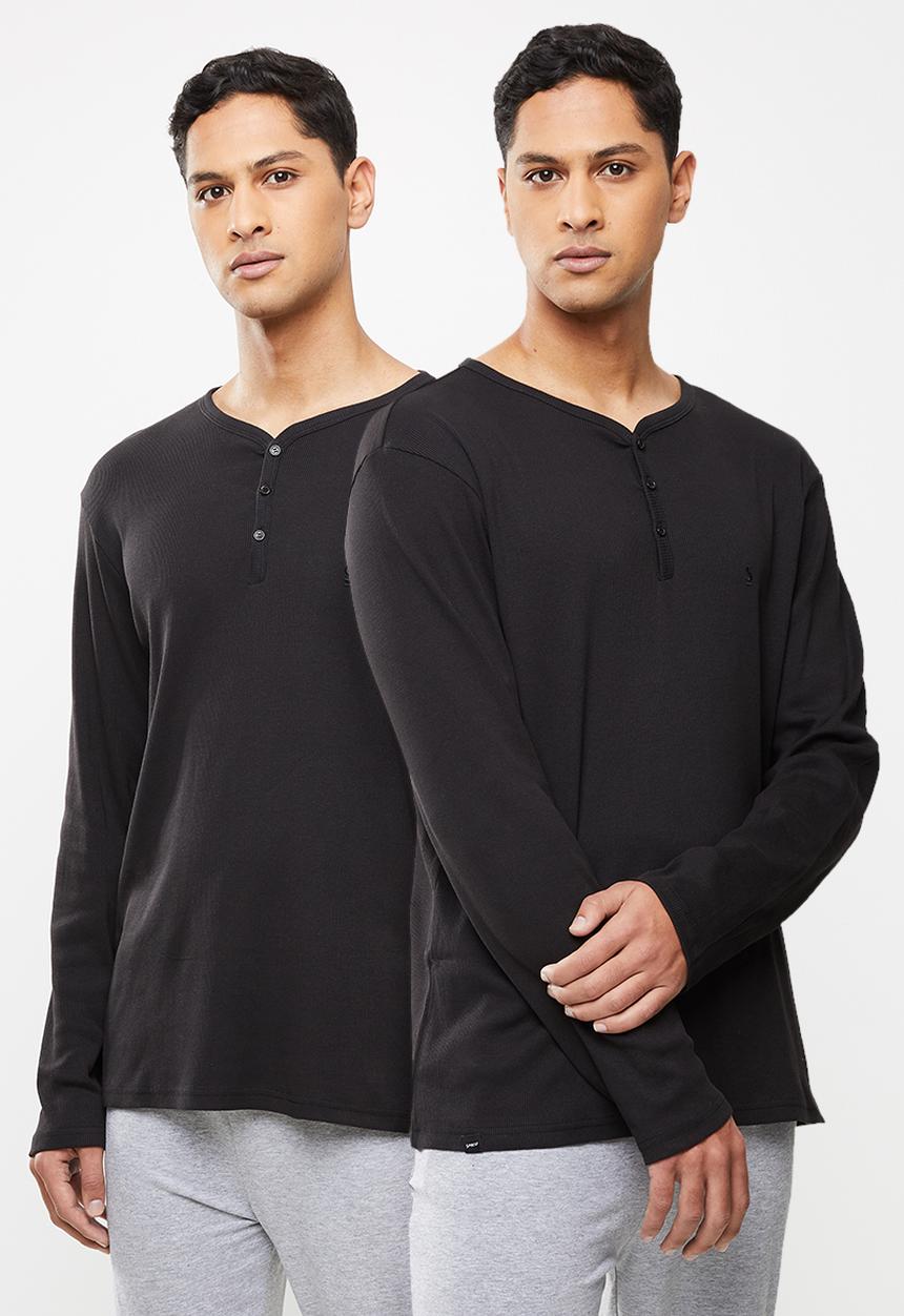 Superbalist - 2-pack premium ribbed long sleeve henley sleep top - black