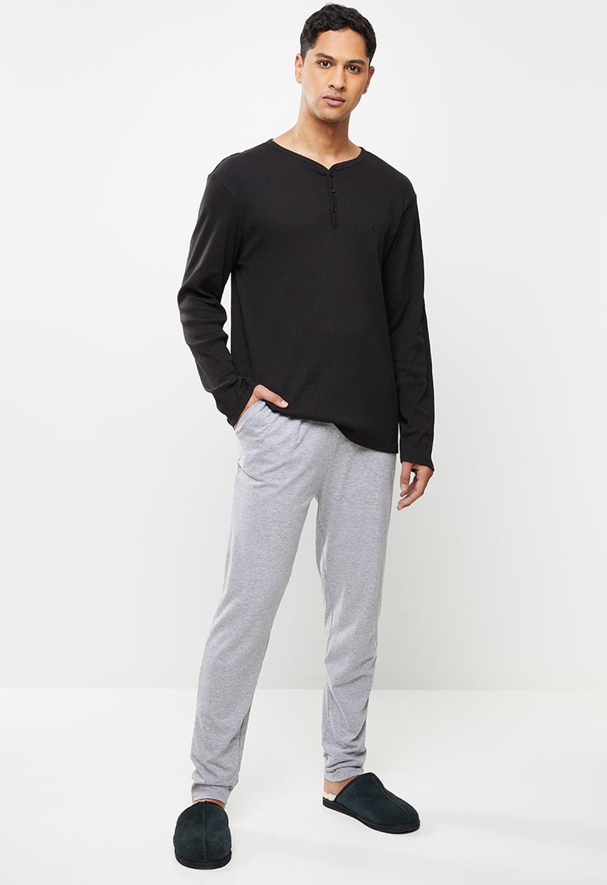 Superbalist - 2-pack premium ribbed long sleeve henley sleep top - black