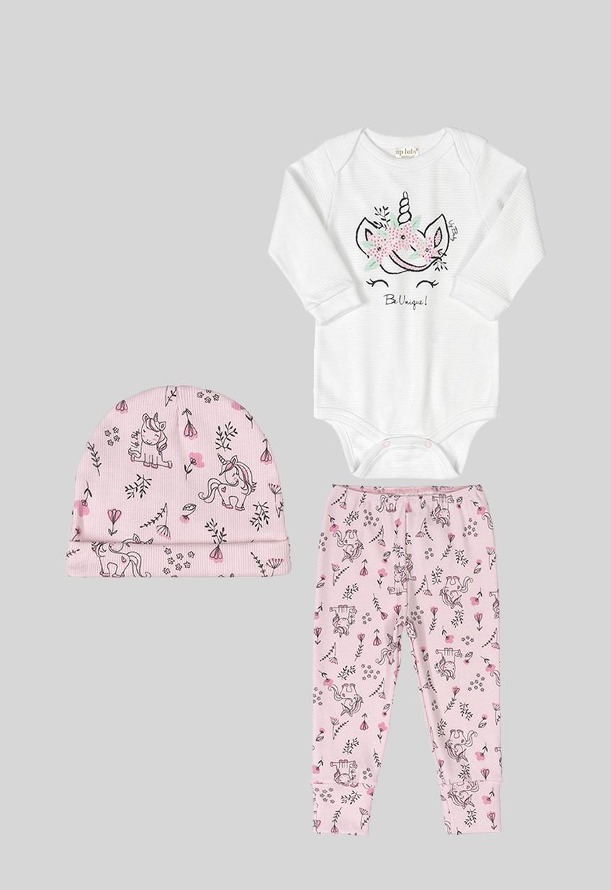 UP Baby - Girls bodysuit, printed pants & beanie set - white