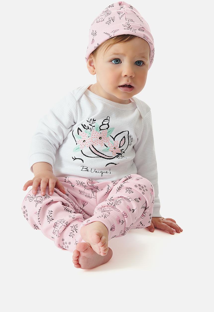 UP Baby - Girls bodysuit, printed pants & beanie set - white