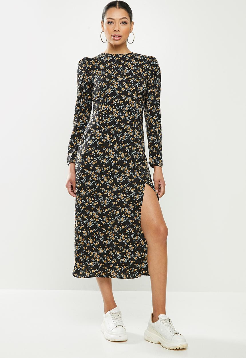 Missguided - Crew neck midi dress long sleeve  floral - black