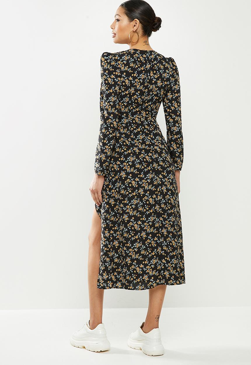 Missguided - Crew neck midi dress long sleeve  floral - black
