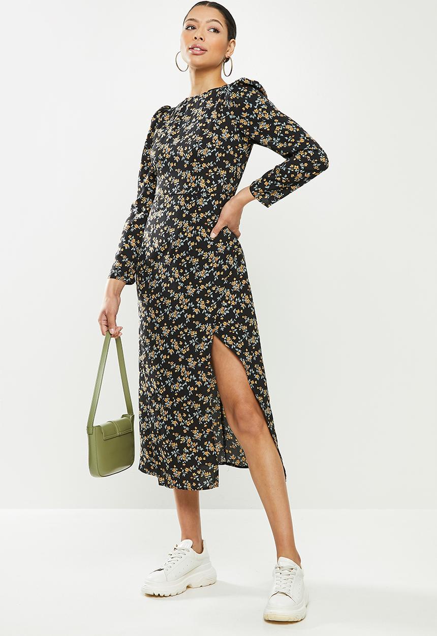 Missguided - Crew neck midi dress long sleeve  floral - black