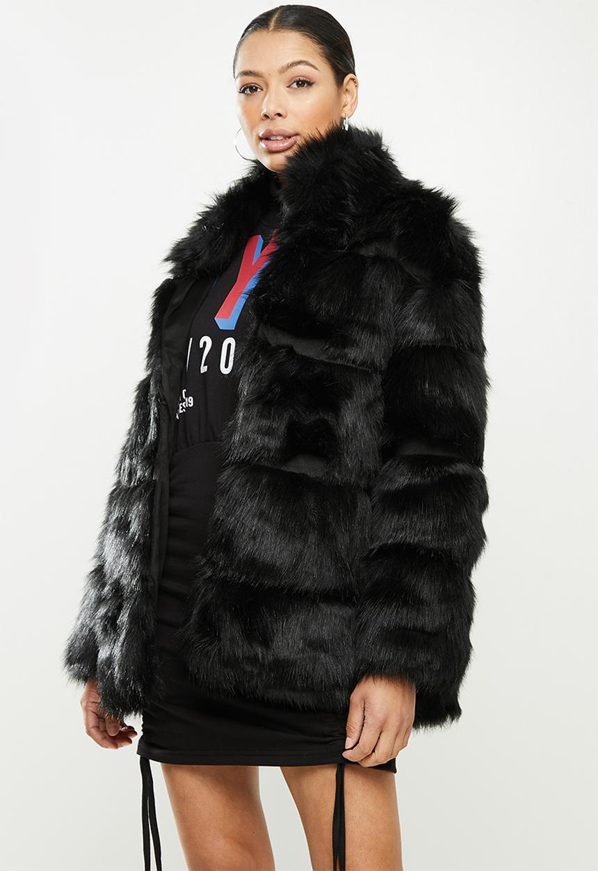 Missguided - Stand collar pelted faux fur coat - black