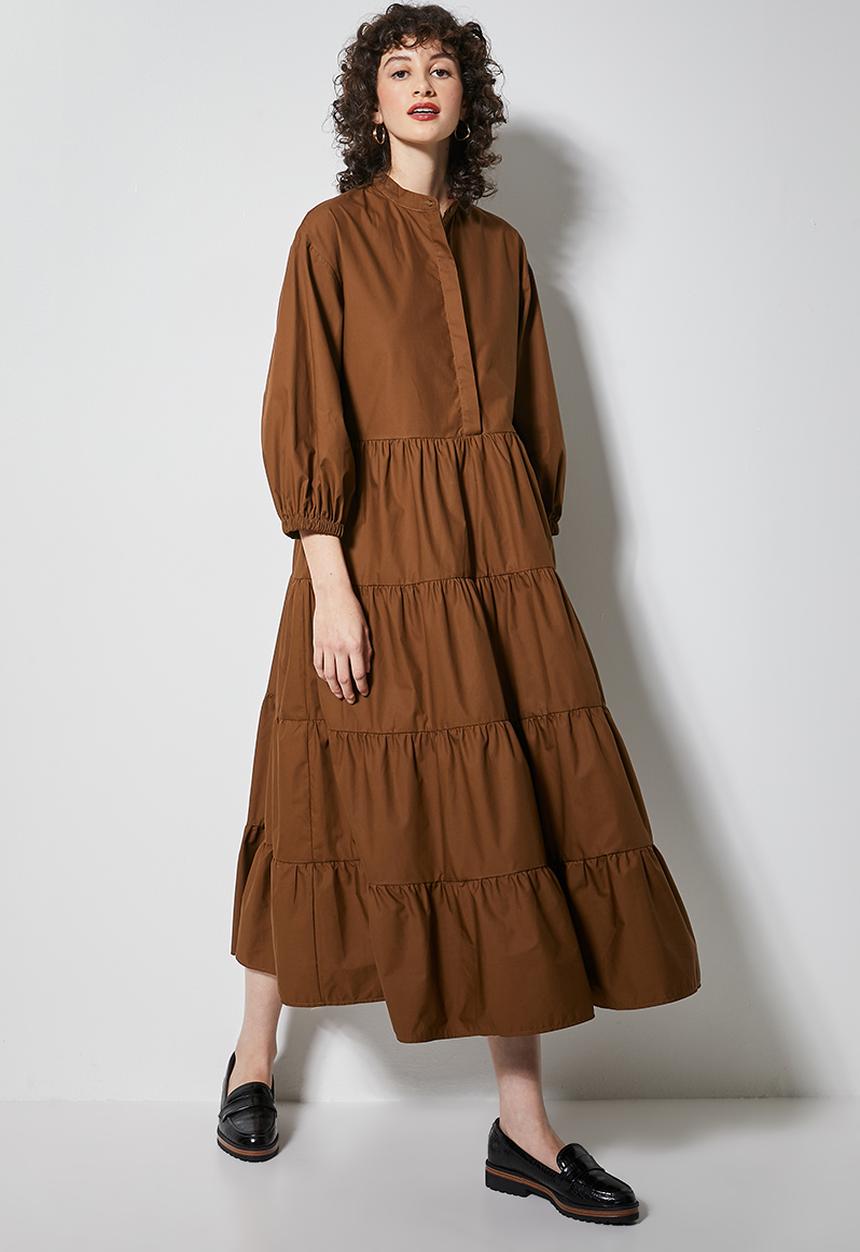 Superbalist - Poplin mandarin collar tiered dress - brown