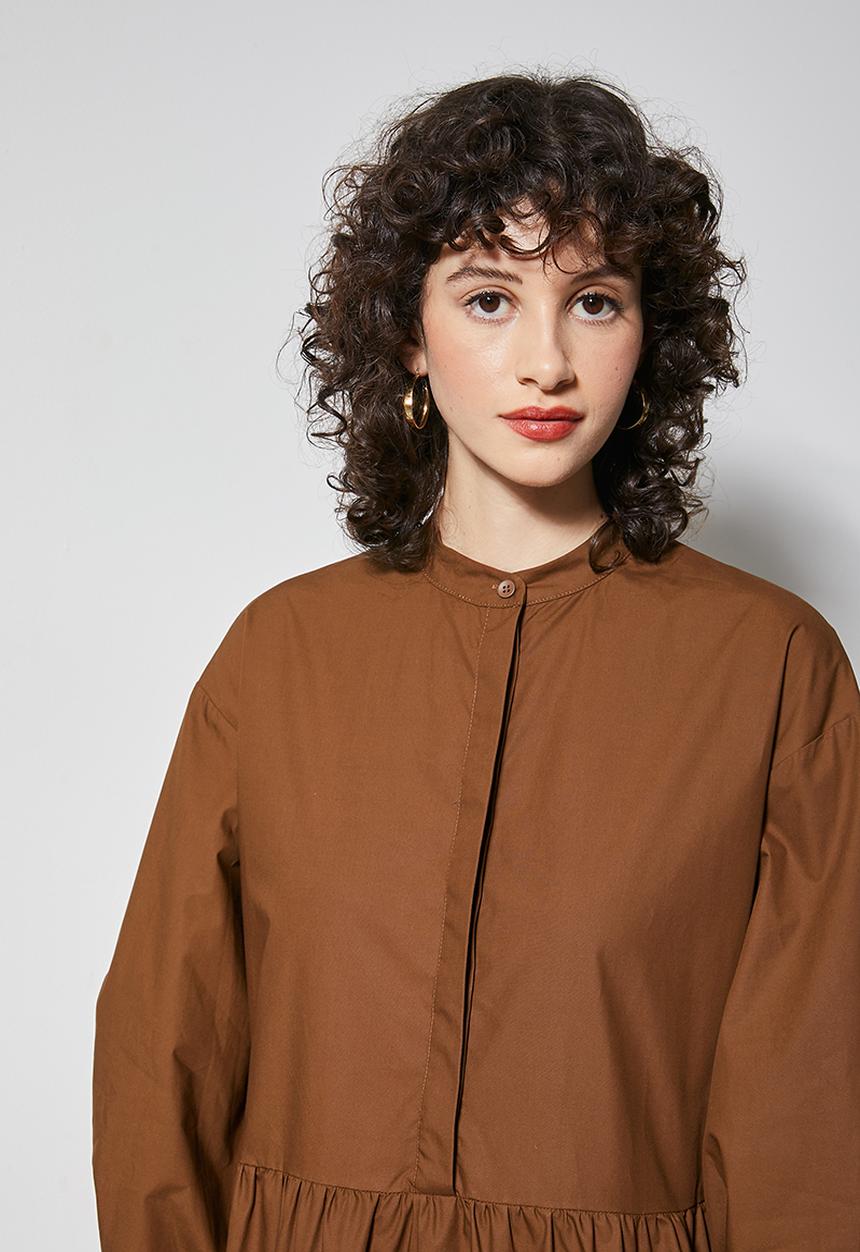 Superbalist - Poplin mandarin collar tiered dress - brown