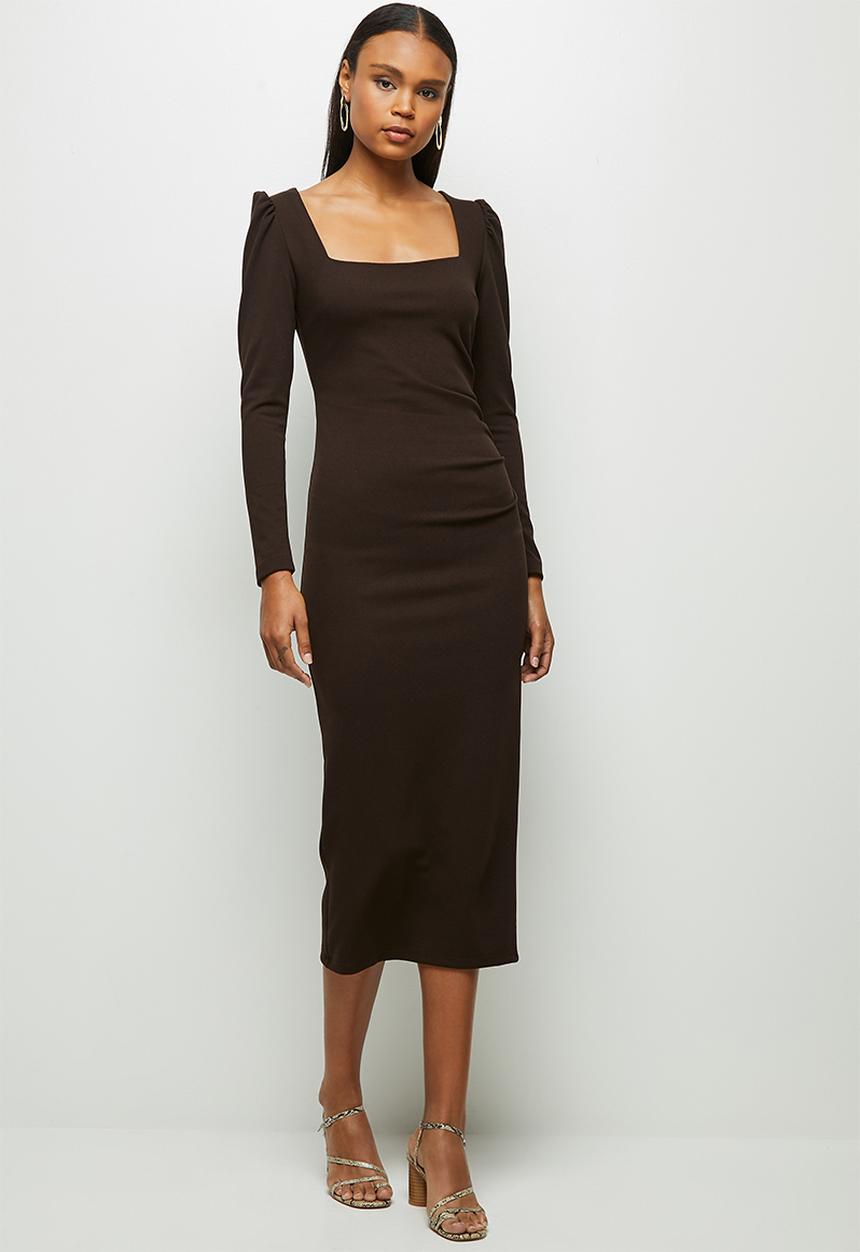 MILLA - Knit square neck dress with tucks - chocolate