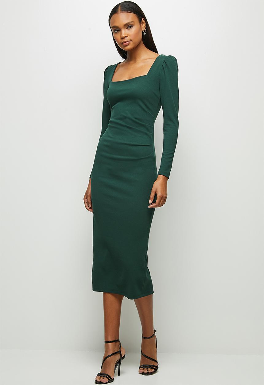 MILLA - Knit square neck dress with tucks - green