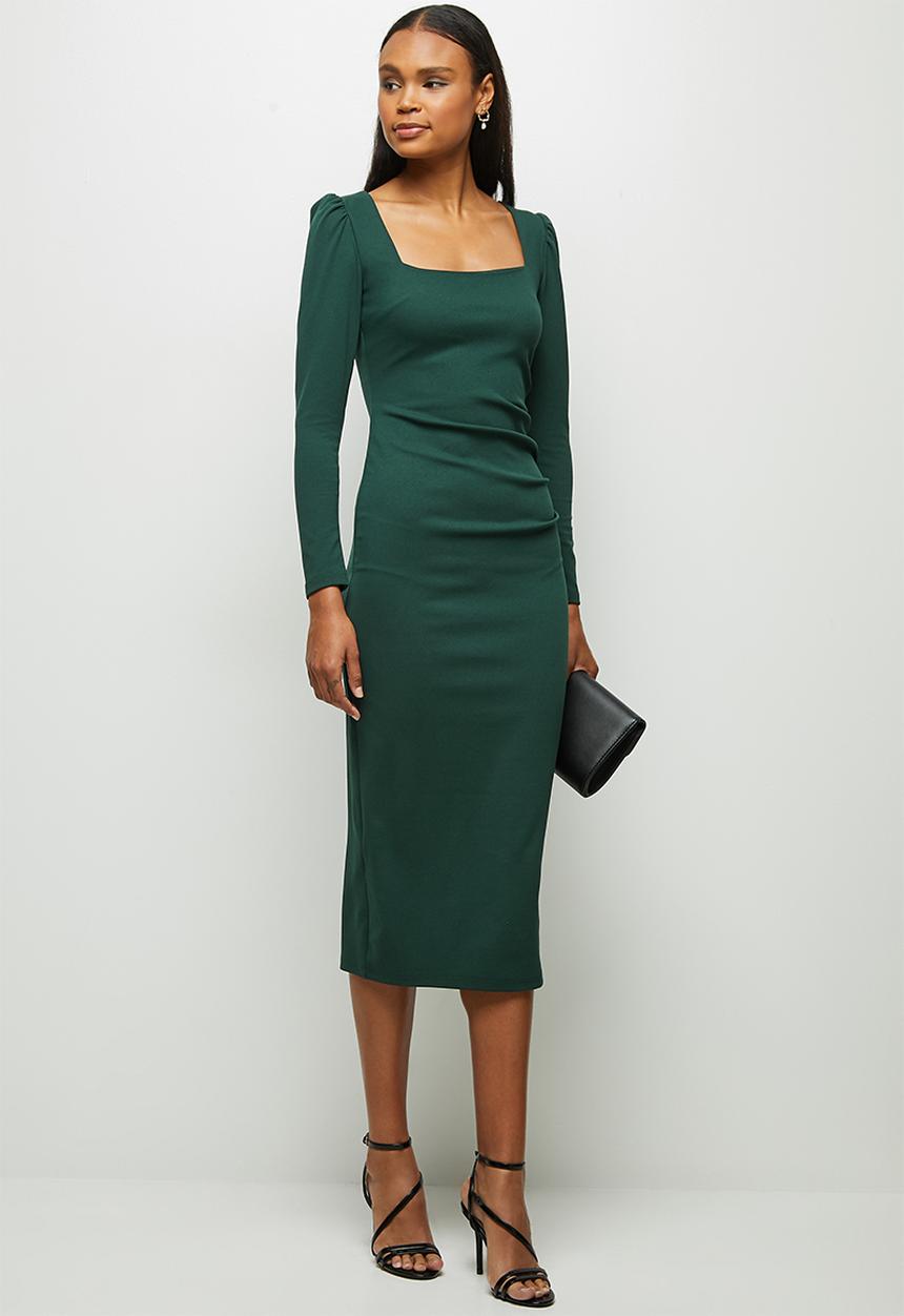 MILLA - Knit square neck dress with tucks - green
