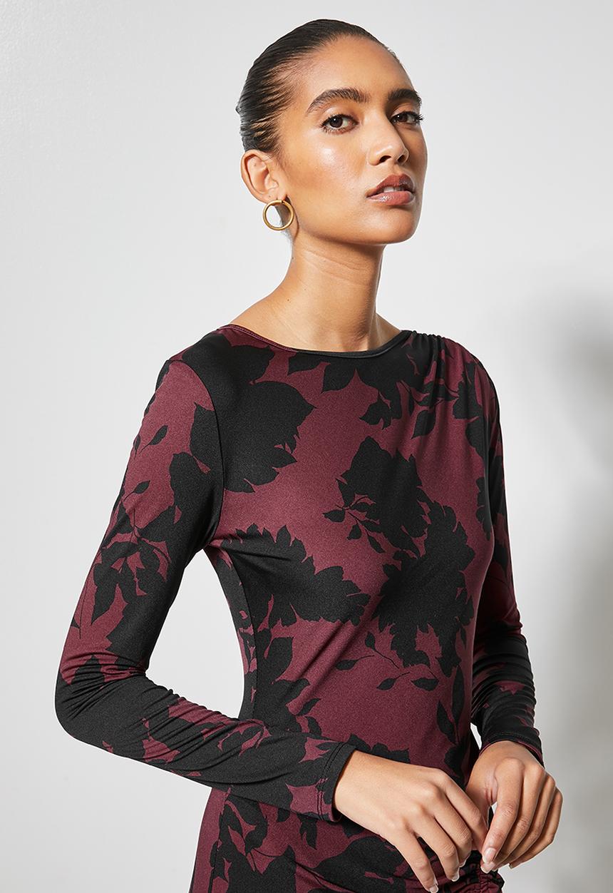 VELVET - Drawstring side ruching knit dress - black & burgundy 