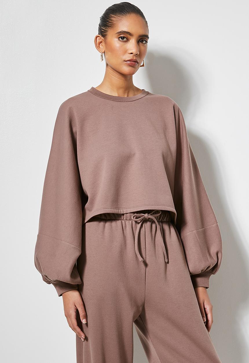 VELVET - Cropped fleece sweatshirt dollman sleeve - brown 
