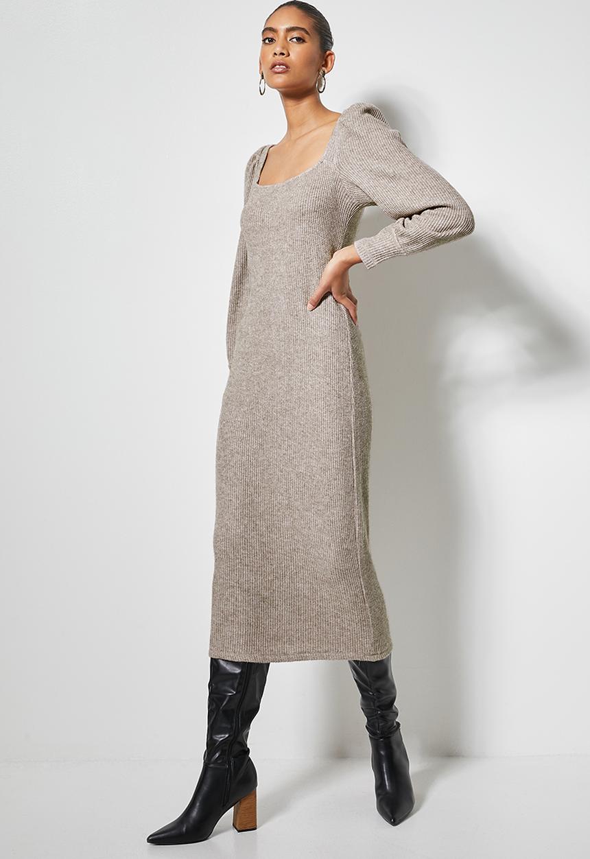 VELVET - Soft touch square neck midi column dress - taupe
