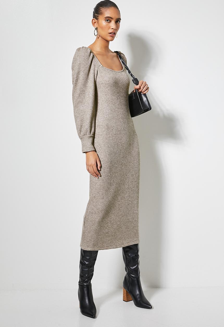 VELVET - Soft touch square neck midi column dress - taupe