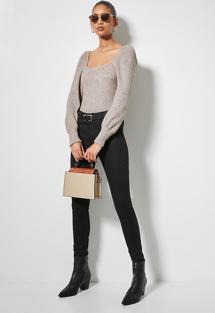 VELVET - Square neck soft touch puff sleeve top - taupe 