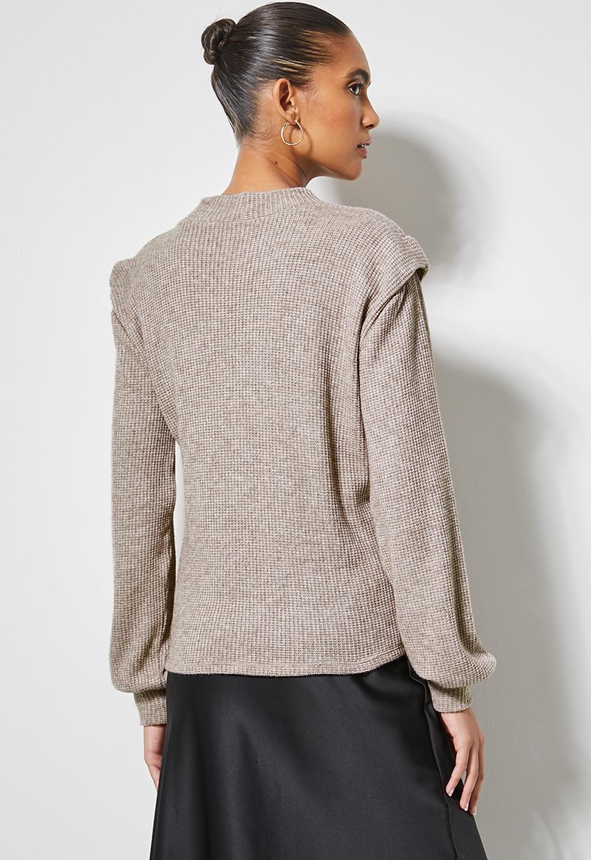 VELVET - Brushed knit panel shoulder tuck styled top - taupe 