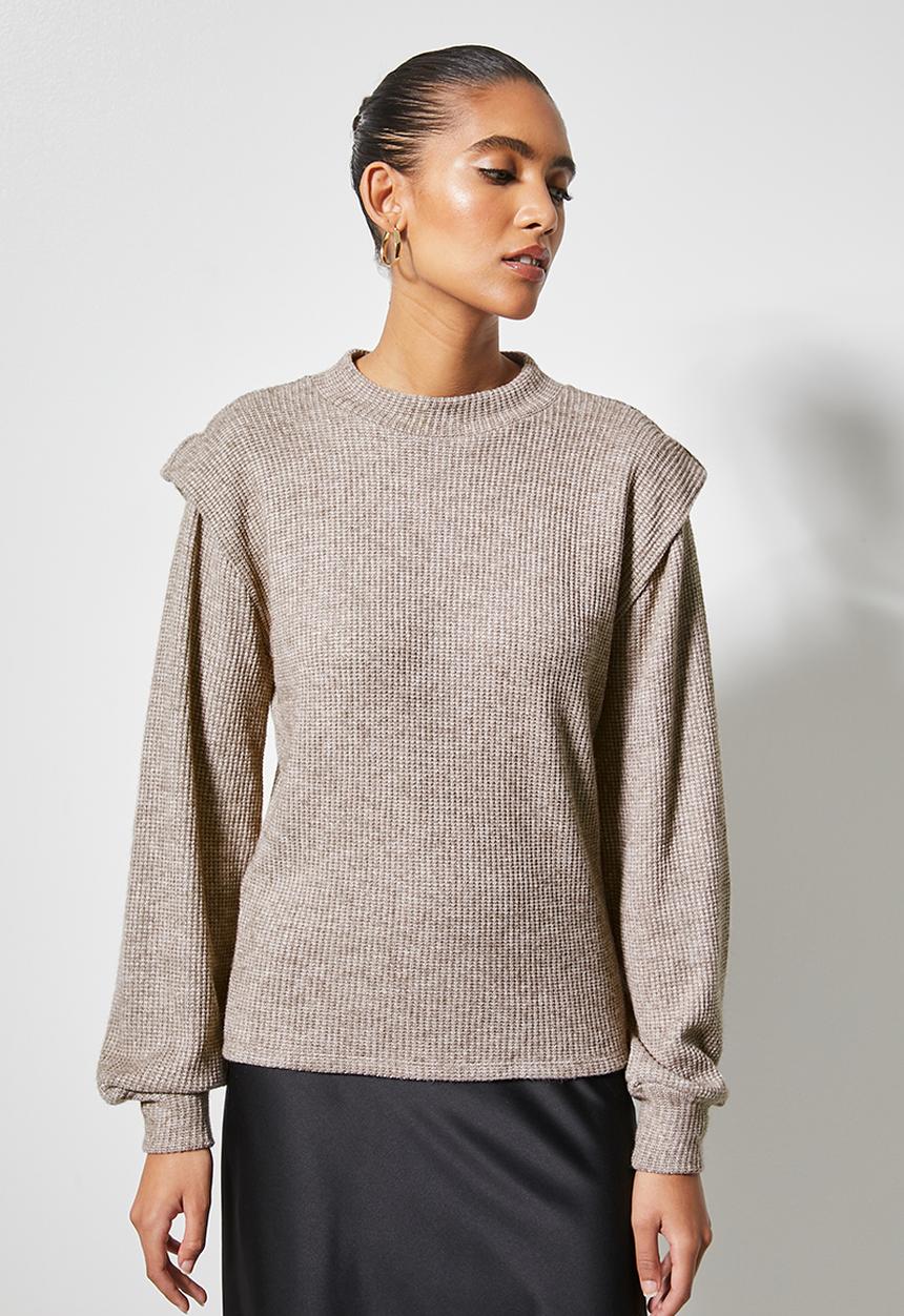 VELVET - Brushed knit panel shoulder tuck styled top - taupe 