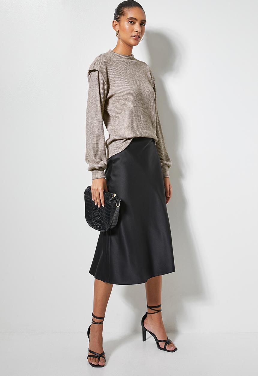 VELVET - Brushed knit panel shoulder tuck styled top - taupe 