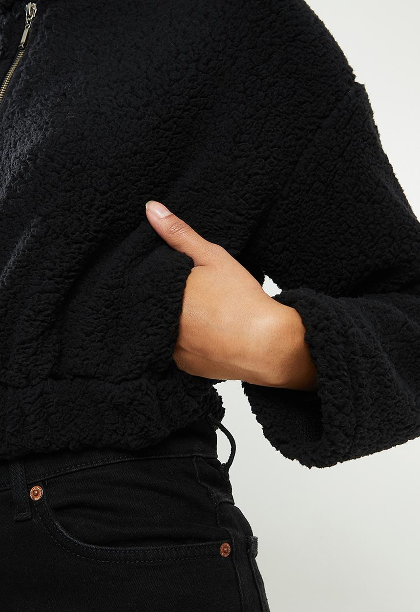 Blake - Sherpa fleece cropped jacket - black